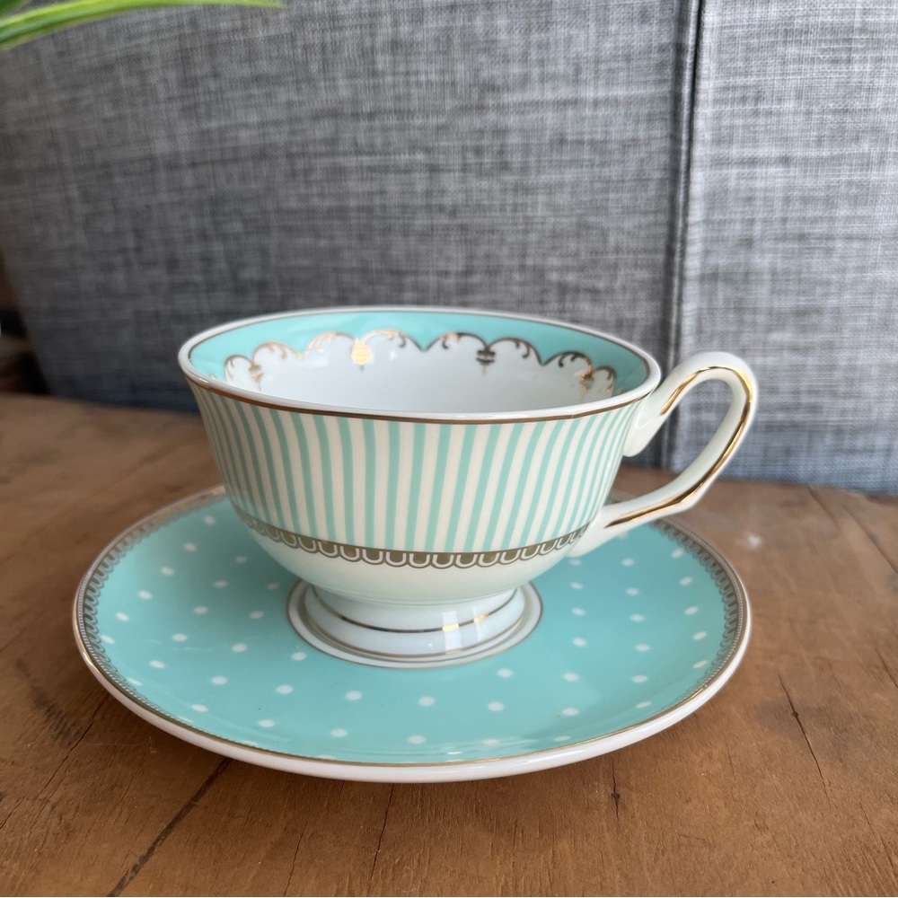 Mimi Teacup & Saucer White, Teal and Gold Detailing Polka Dots and Stripes
